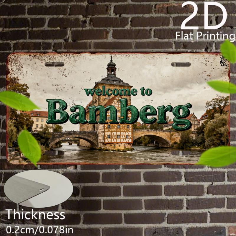 2D Flat,Vintage Aluminum Plaque, Decorative Plaque and Ornament, Bamberg, Vintage City Decor, Vintage Architectural Art