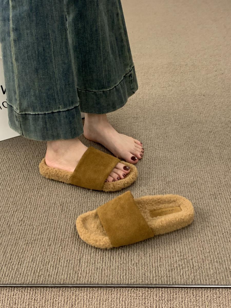 

BEILIXUAN cowhide versatile thick-bottomed wool slippers women wear autumn and winter fairy style casual lamb wool word 39
