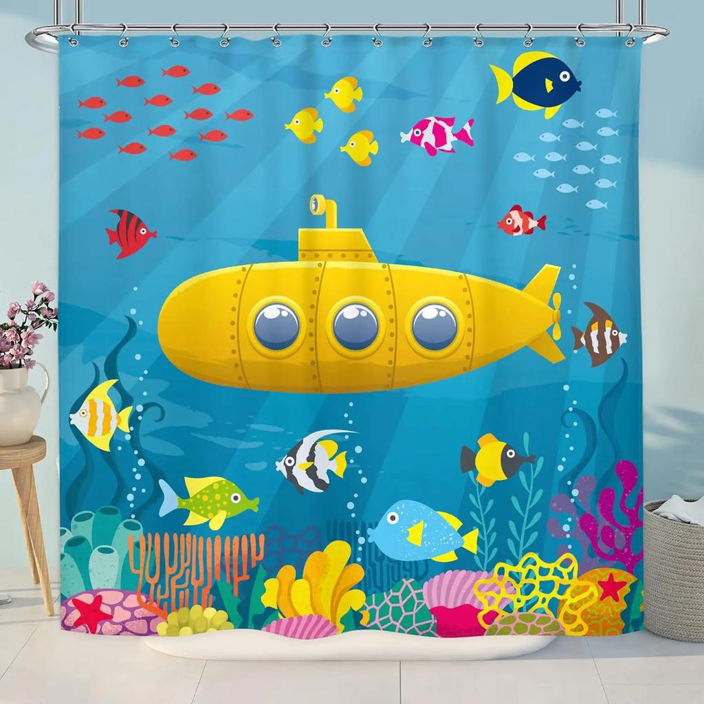 Ocean Shower Curtain for Kids Under The Sea Dolphin Fish Blue Decorative Bath Curtain Polyester Fabric Washable Bathroom Curta