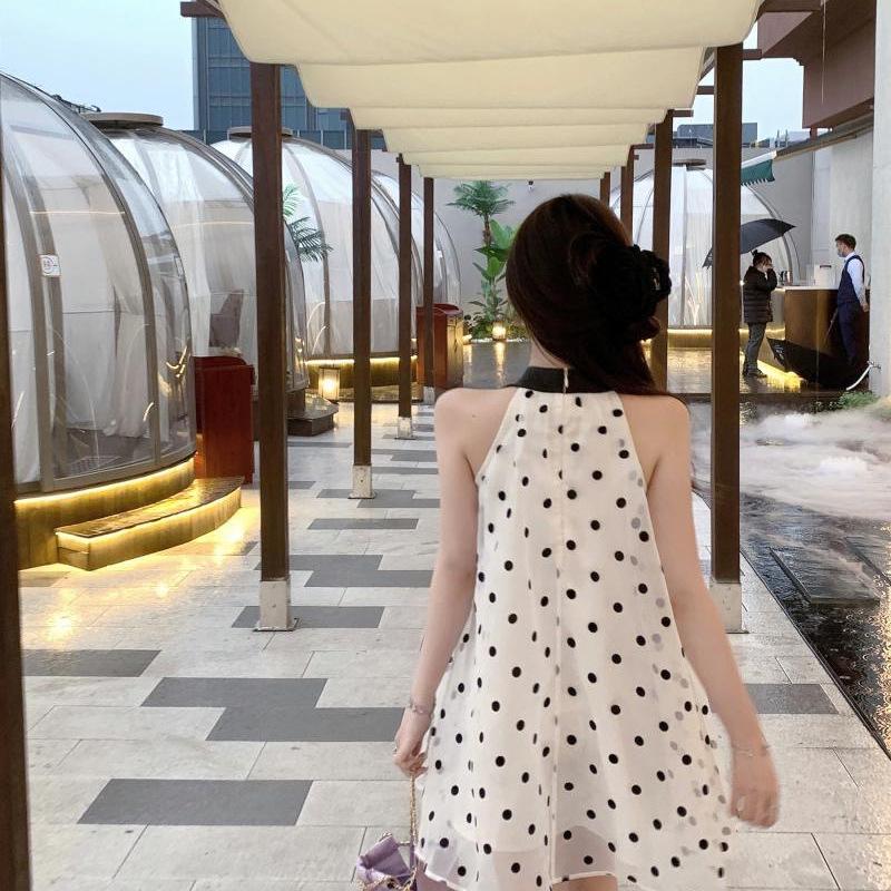 French small fragrant style temperament bow sleeveless polka dot dress female first love pure milk sweet A word short skirt Zixia