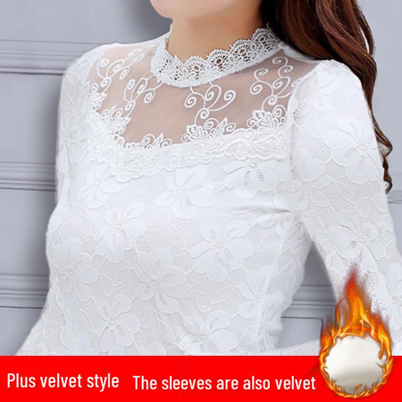 Women's Lace Chiffon Shirt - Long Sleeve, Stand-Up Collar, Slim Fit, Autumn/Winter Fashion, Plus Size