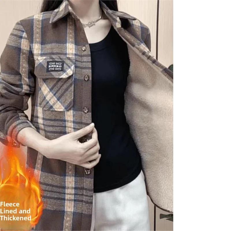 Thickened Fleece Autumn Winter Shirt Warm Casual Plaid Loose One-Piece Large Size Top Coat for Women Cotton Long Sleeve