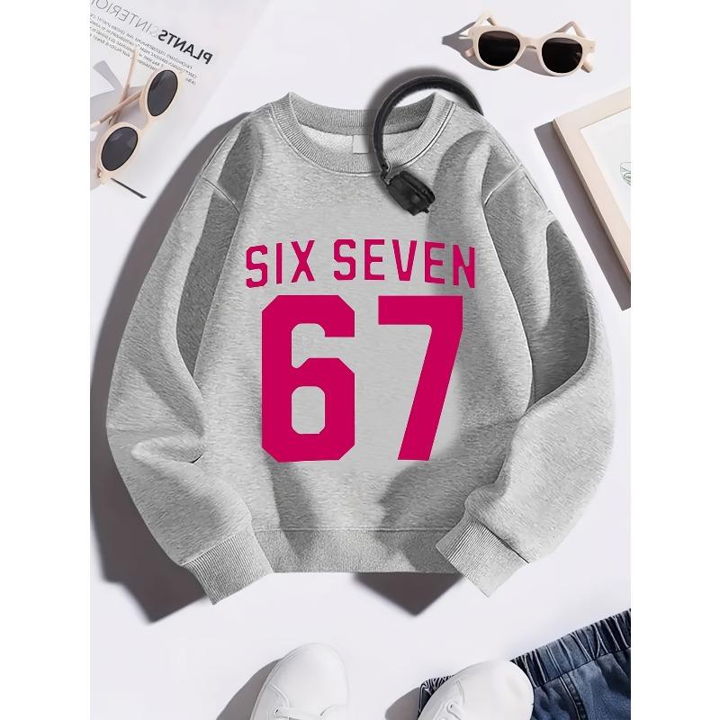 Unisex Kids Pink Crewneck Sweatshirt For 4-12 Girls Bold Magenta SIX SEVEN Large Number 67 Varsity Font Print Soft Fleece Long Sleeve Pullover