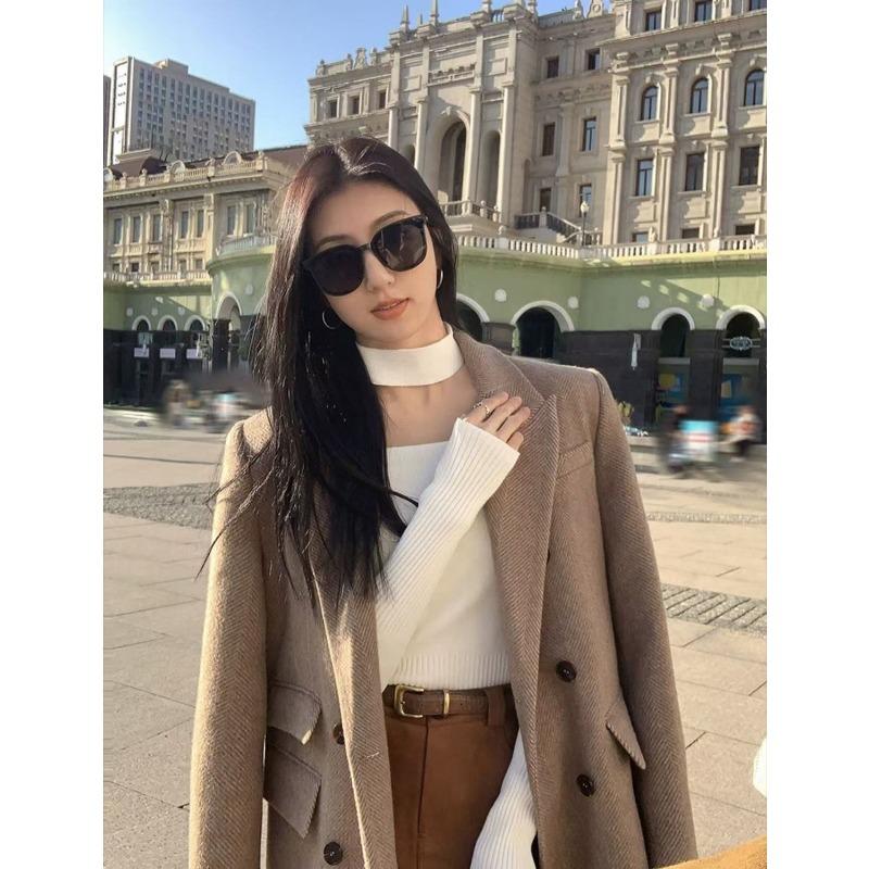 Winter Loose Thickened Herringbone Wool Coat Women Elegant Loose Cotton Padded Slim Tweed Jacket