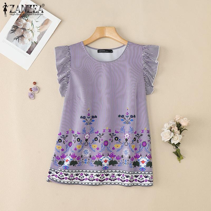 ZANZEA Women Casual Round Neck Summer Sleeveless Floral Print Stripe Tank Tops