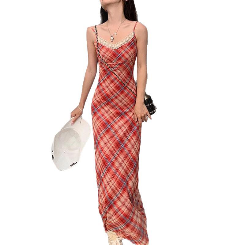 Women's Red Plaid V-Neck Lace Spaghetti Strap Dress - Slim Fit Spring/Summer Vacation Style