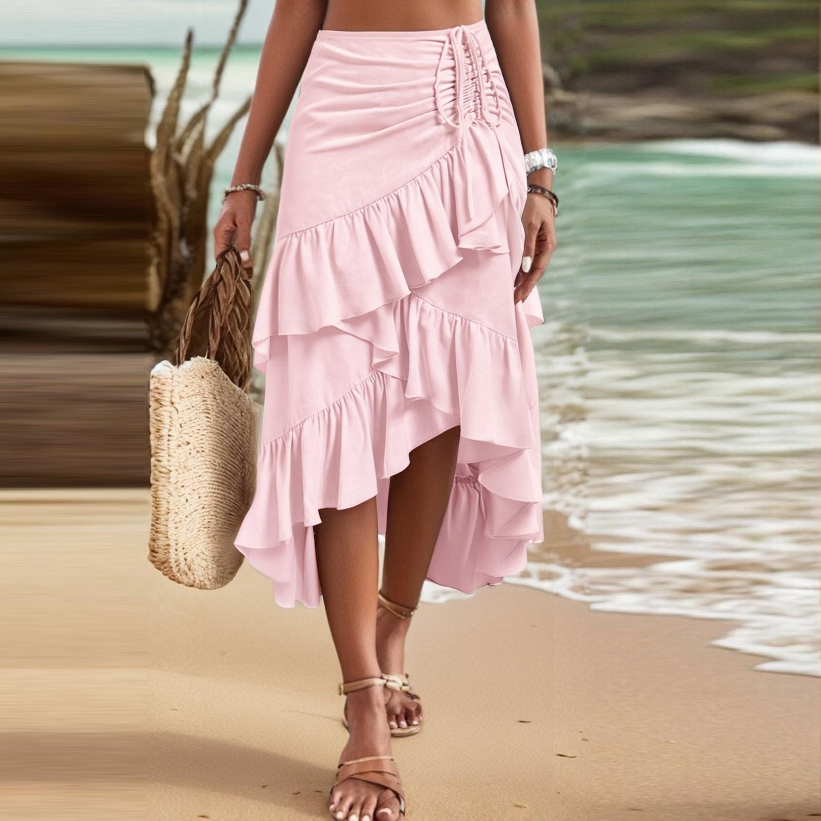 

Женская юбка макси с завязками на завышенной талии, летние длинные юбки, легкие многослойные струящиеся цветочные плиссированные юбки M розовый