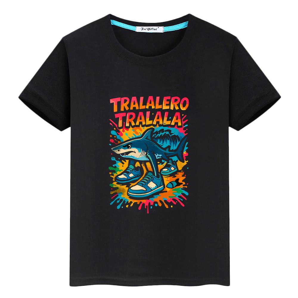 

Italian Brainrot print t shirt for kids boy 10years cartoon Tops Anime Short 100%Cotton Tees kids clothes girls y2k one piece 150 чёрный