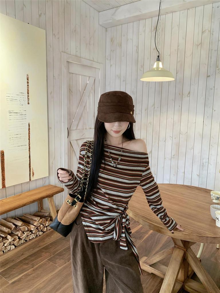 Color-Block Striped One-Shoulder Lace-up Long-Sleeve Tee, Women's Early Autumn Sexy Slim-Fit Top