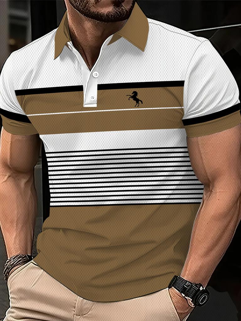 Printed Design – Not Textured Men's Digital Print Short Sleeve Quick-Dry Breathable Polyester Fabric, Featuring a " " Letter Print, Regular Fit, Round