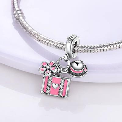 Charmscopper Plated Pink Suitcase, Straw Hat, Flower Pendants Fit Charms Original Bracelet Beads Women Jewellery Making