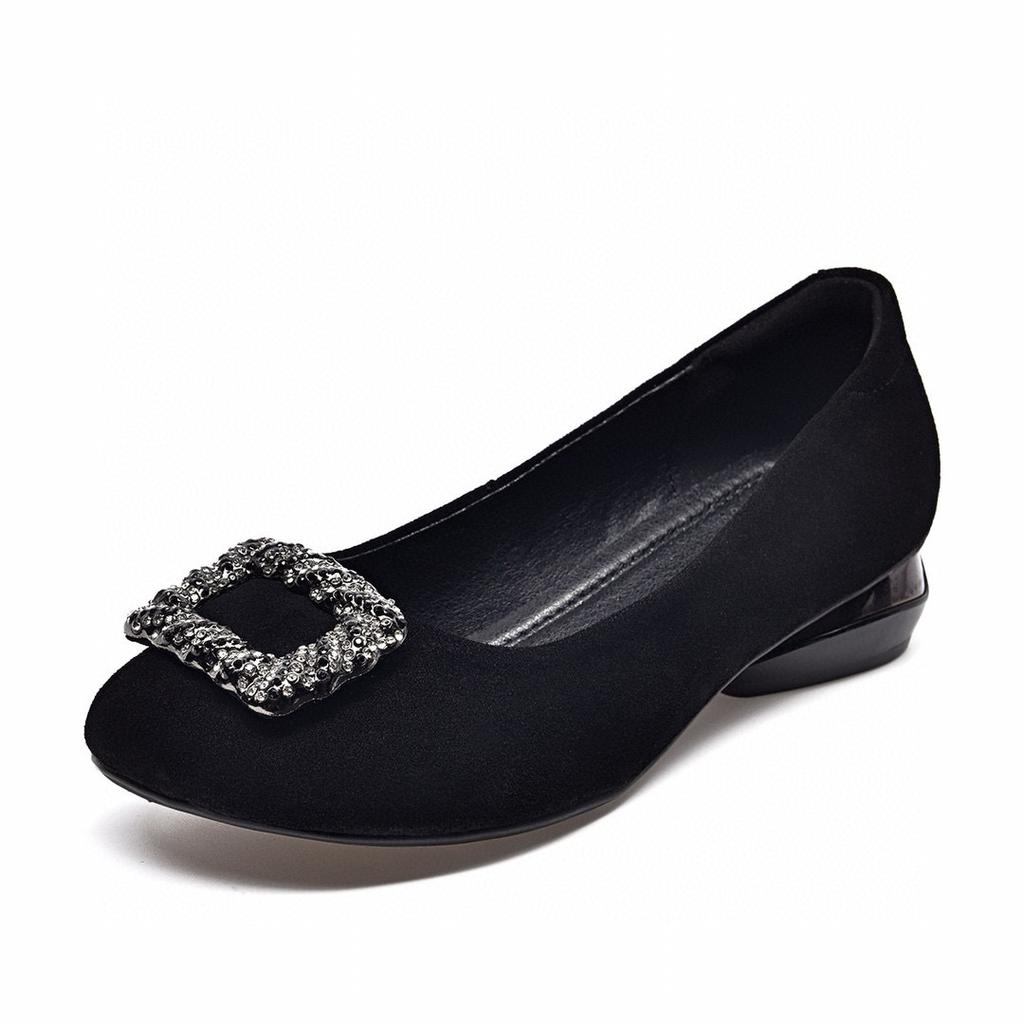 Round Head Women's Buckle Rhinestone Shallow Mouth Low Heel Single Shoes Black One-pedal Women's Shoes Flat Shoes