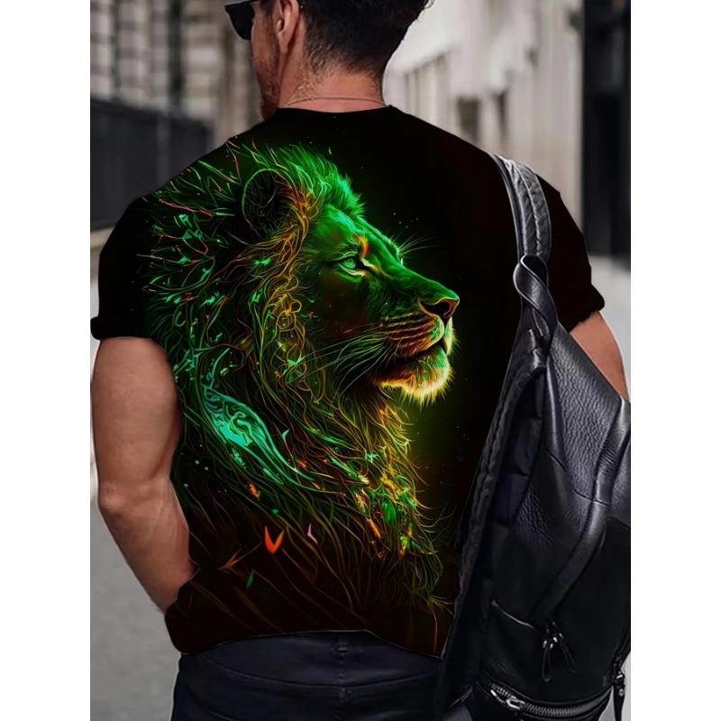 Men's Green Glow Lion 3D Printed T-Shirt Casual Short Sleeve Crewneck Top Cool Neon Animal King Graphic Tee Trendy Hip Hop Style Streetwear Fashion