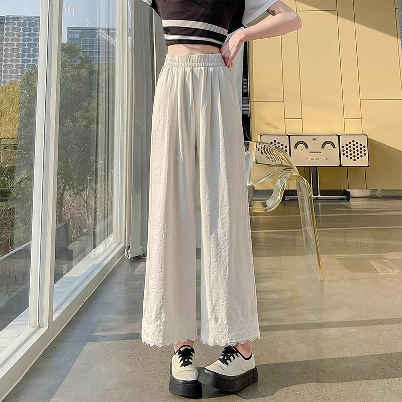 2025 Damen High Waist Spitzenbesatz Eisseide Weitbein Hose - Sommer Schlankmachende Freizeit Hose