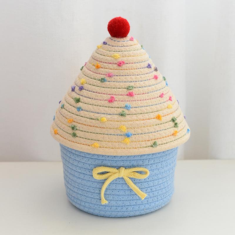House Shape Cotton Rope Woven Storage Basket with Lid Large Capacity  Cute Bedroom Storage Basket Dustproof Cosmetics Storage