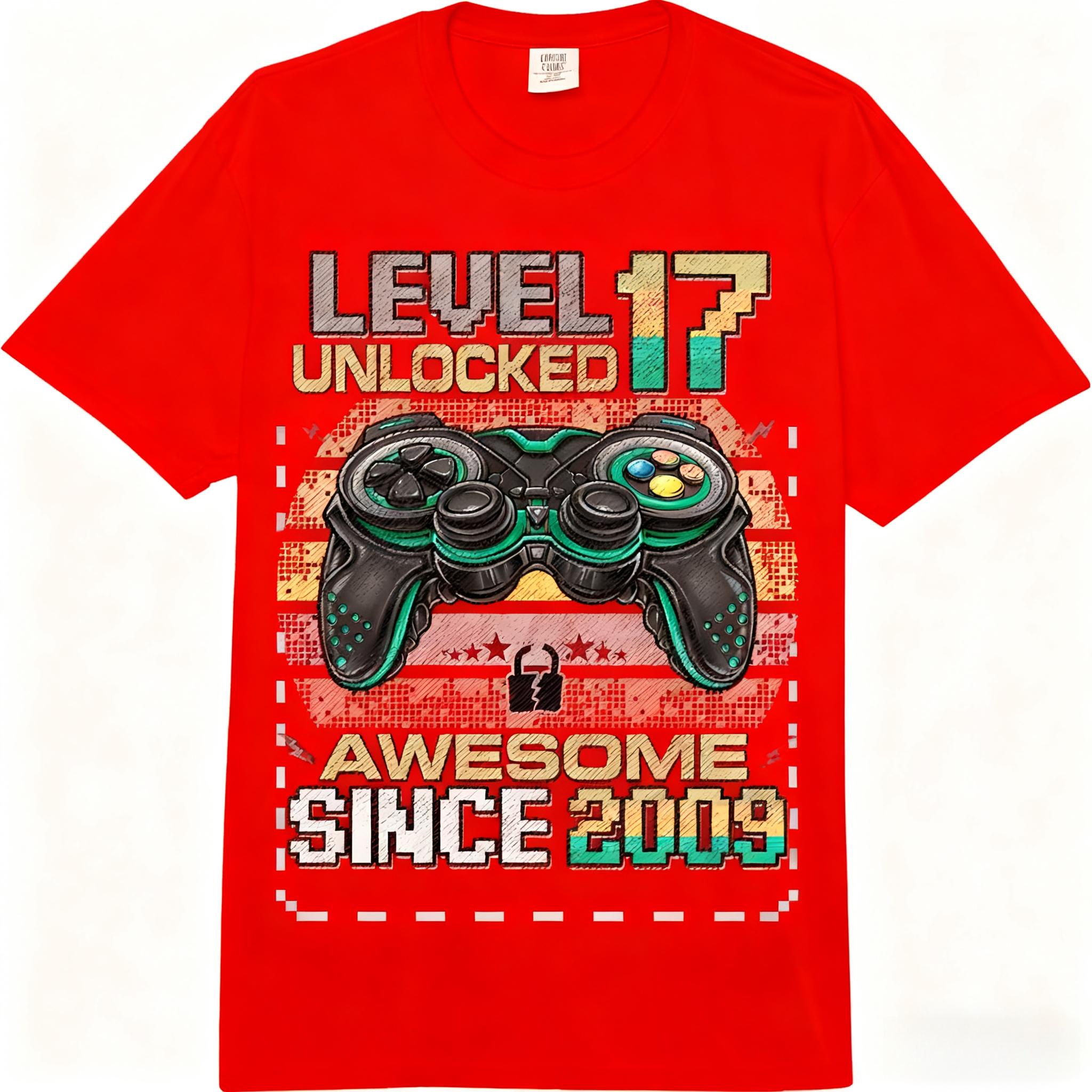 Level 17 Unlocked Awesome Since 2009 17th Birthday Retro Gaming Comfort Adult Unisex Fashion Loose 100% Cotton Casual T-Shirt 4XL