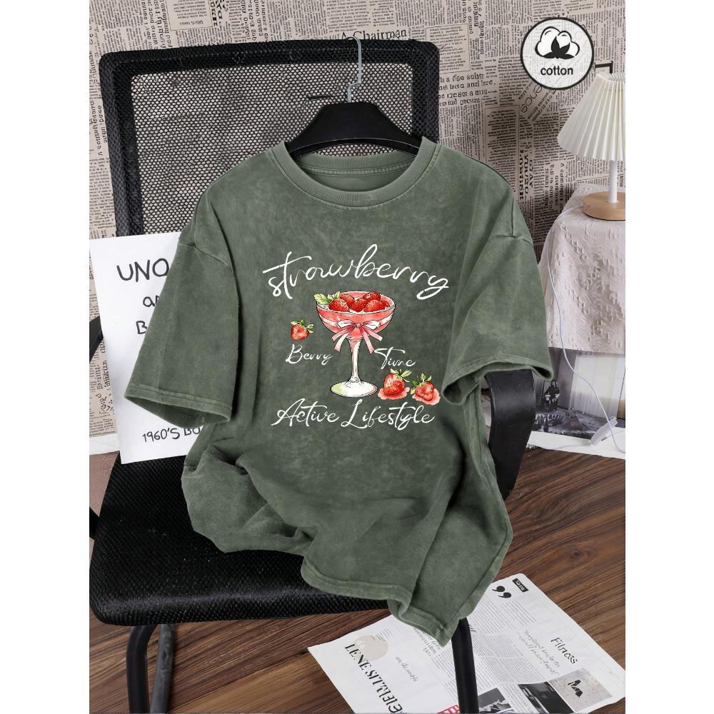 Delicious Strawberry Shake Print Women Washed T Shirts Hip Hop Summer T-Shirt Loose Short Sleeves Cotton Streetwear