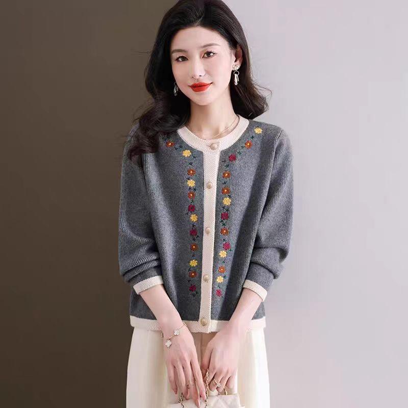 Patchwork Embroidered Knitted Cardigan for Women Solid Color Casual Sweater Coat Autumn and Winter Round-neck Top