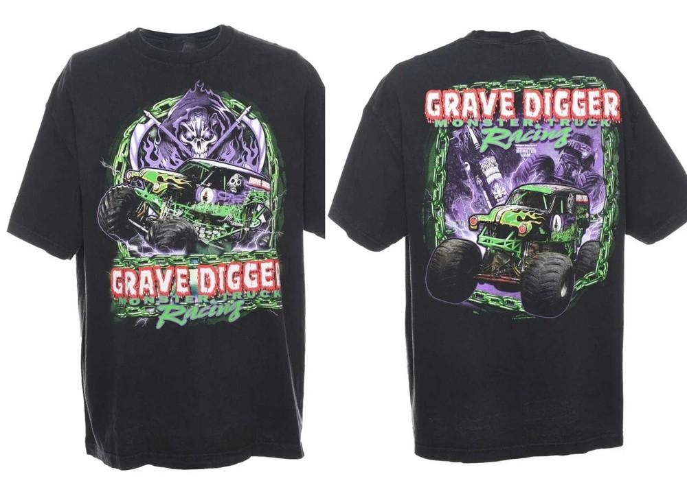 2 Sides Grave Digger Monster Truck Racing Black Cotton Shirt Full size Unisex T-Shirt XXL