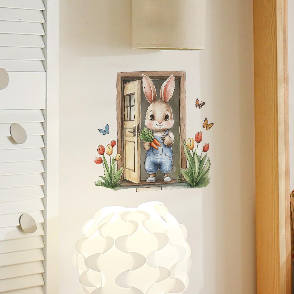 Wooden Door Painting Little Rabbit Butterfly Flower Multi-bedroom Living Room Home Background Beautification Wall Stickers