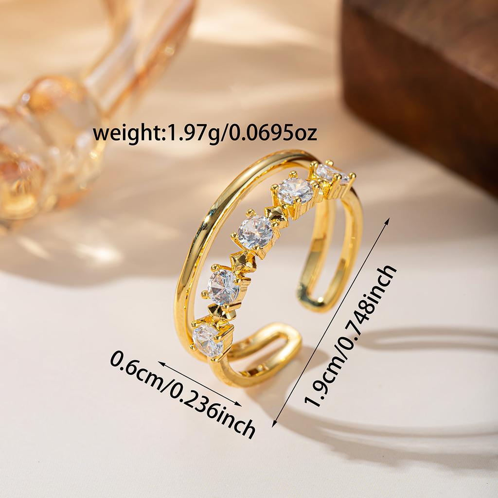 Ol Style Double Layer Gold Open Ring, Micro Paved Zircon Adjustable Stackable Minimalist Ring For Women