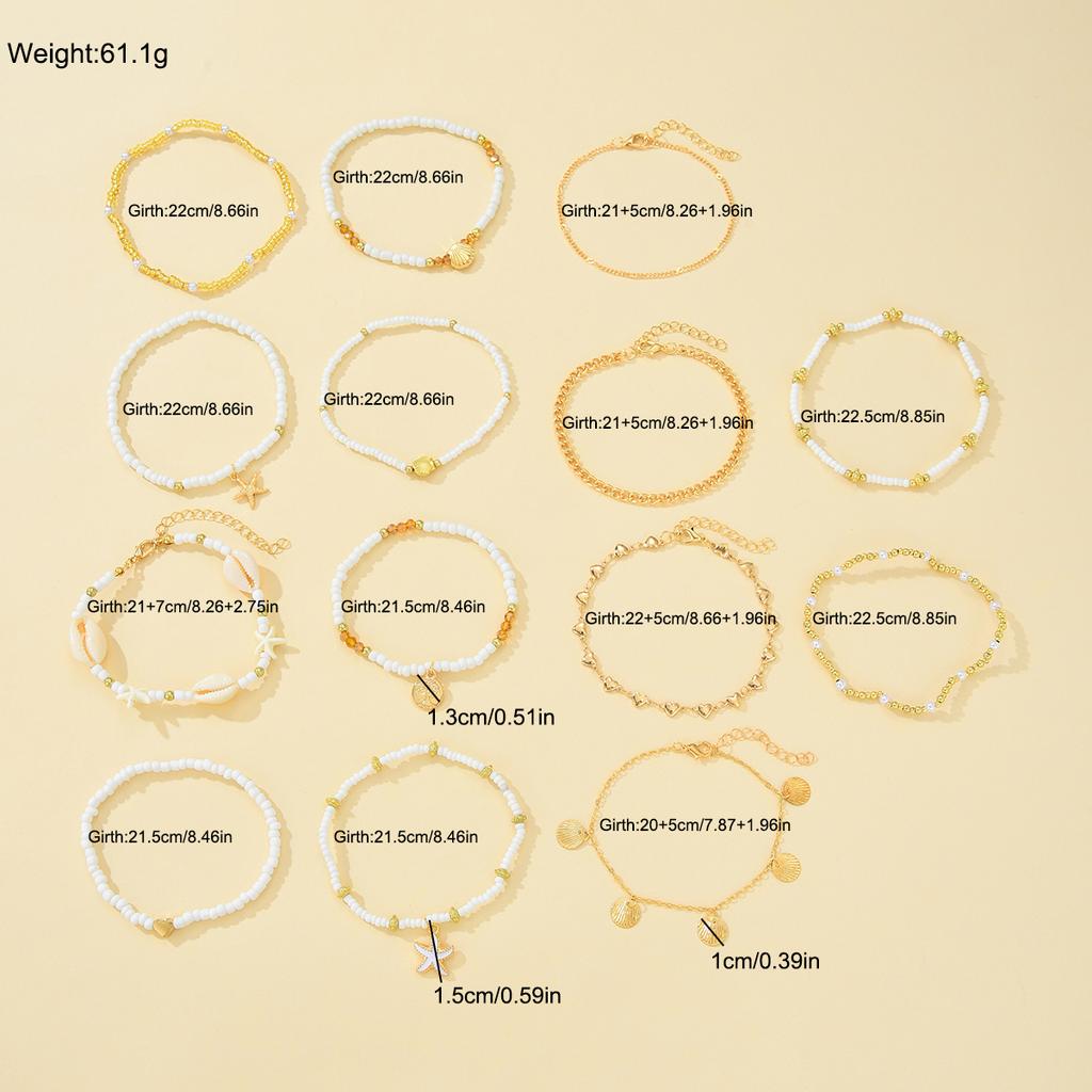 14Pcs/Set Bohemian Rice Beads Starfish Shell Anklet Sets for Women Retro Gold Color Multilayer Foot Chain Vacation Jewelry Gifts