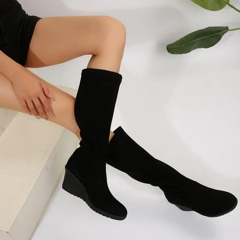 Frühlings Damen Übergröße Keilschuhe Mode Slipper und Wadenhohe Stiefel Retro Lässige Reitstiefel für Damen Hohe Absätze Botas Mujer