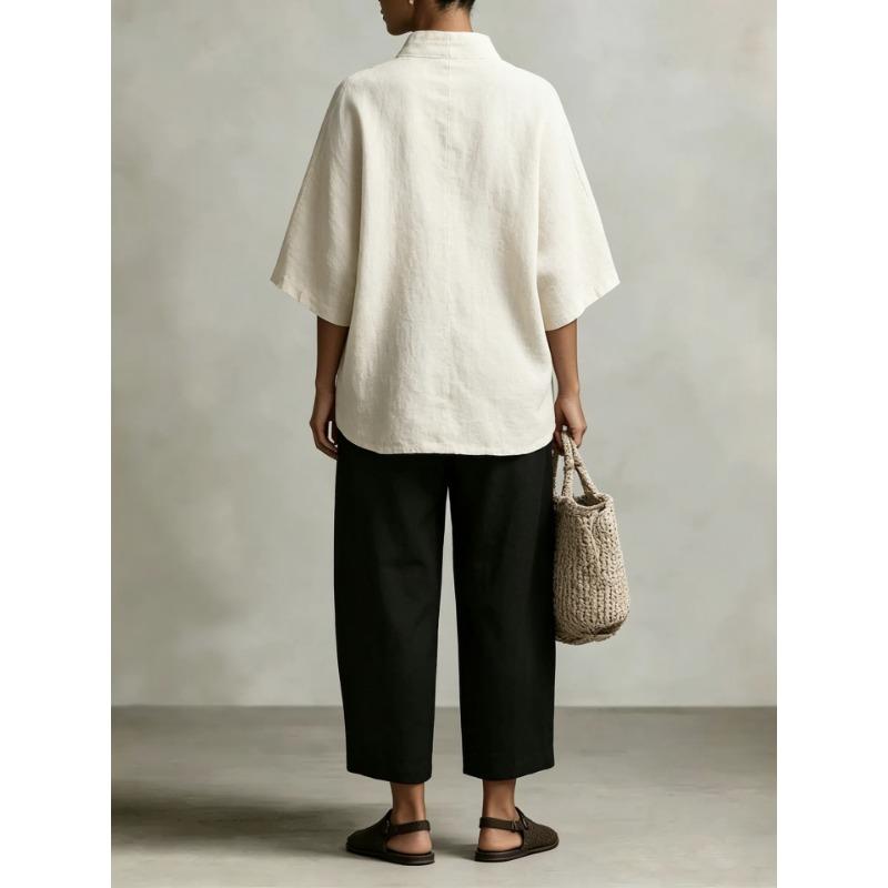 Women Loose V Neck Short Sleeve Cotton Linen Summer Shirt
