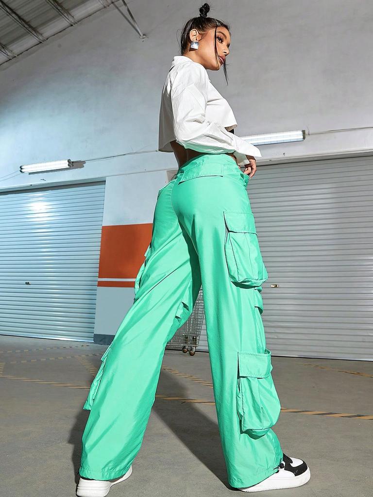 Rose Beauty A Flap Pockets Drawstring Ruched Cargo Parachute Pants