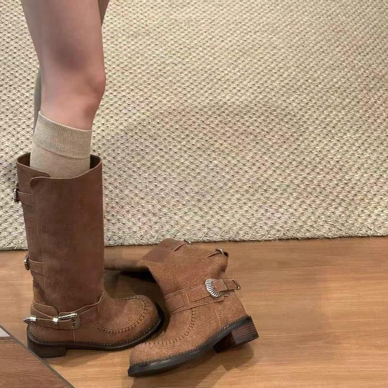 Frosted retro boots women's 2025 autumn new belt buckle knight boots but knee two wear boots boots tide