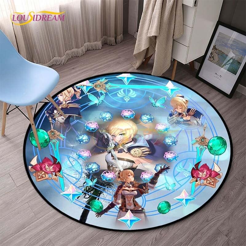 Genshin Impact Runde Teppiche für Schlafzimmer, Cartoon-Teppiche für Wohnzimmer, Kinder, weicher Teppich, rutschfeste Bodenmatte, Heimdekoration, Camping, Picknick