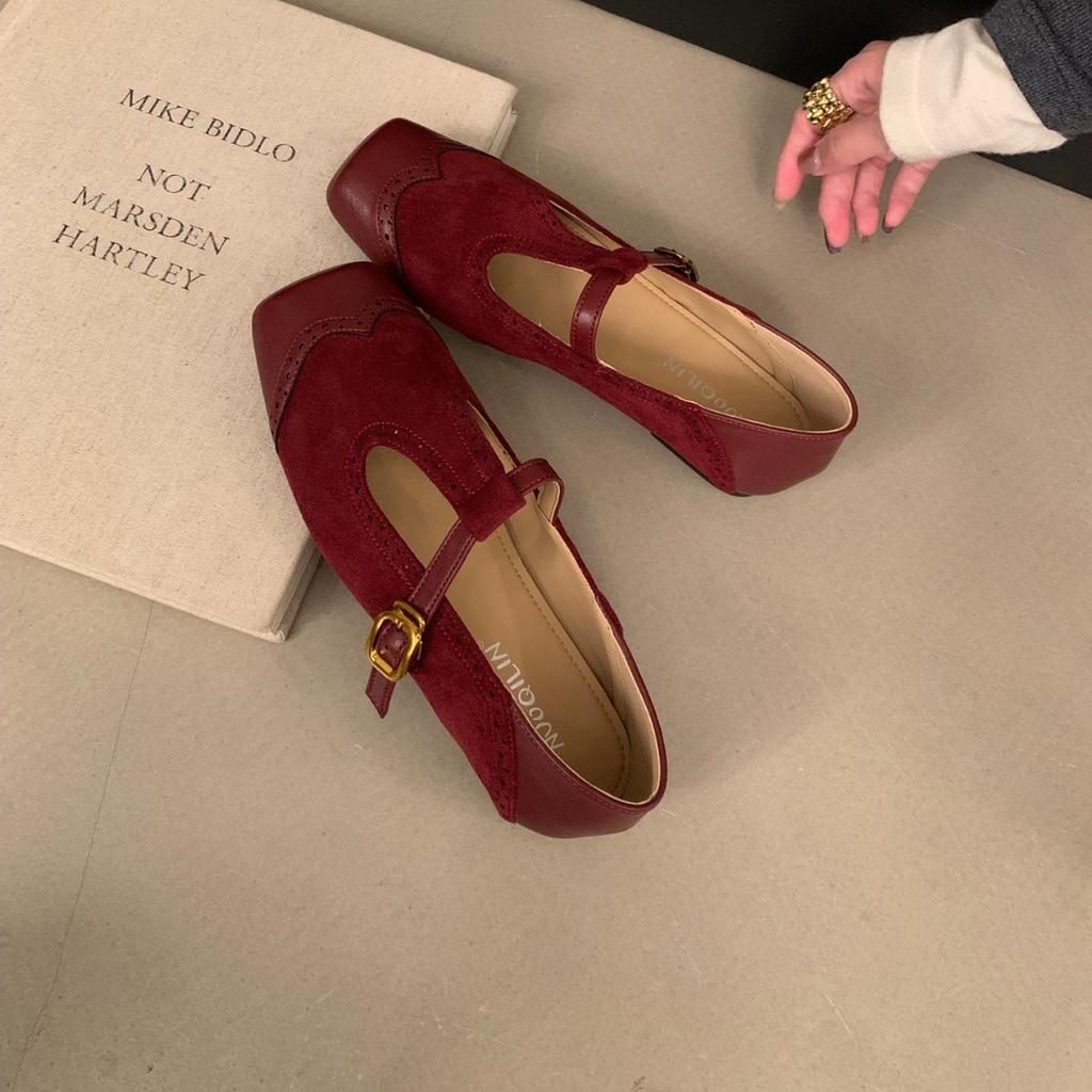2025 New French Retro Versatile Word with Flat Bottom Suede Square Head Shallow Mouth Mary Jane Shoes Autumn