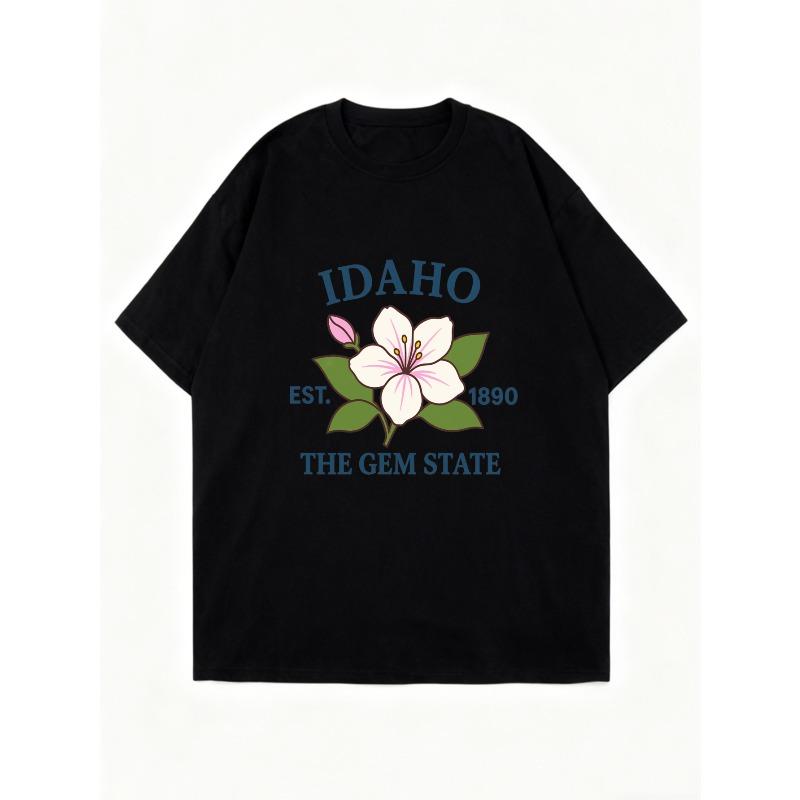 Oversized T Shirt Dress Black Idaho State Flower And Text Print Casual Streetwear For Women