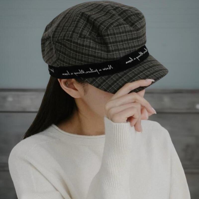 Women's Check Sailor's Cap Autumn Embroidered Color Block Hat