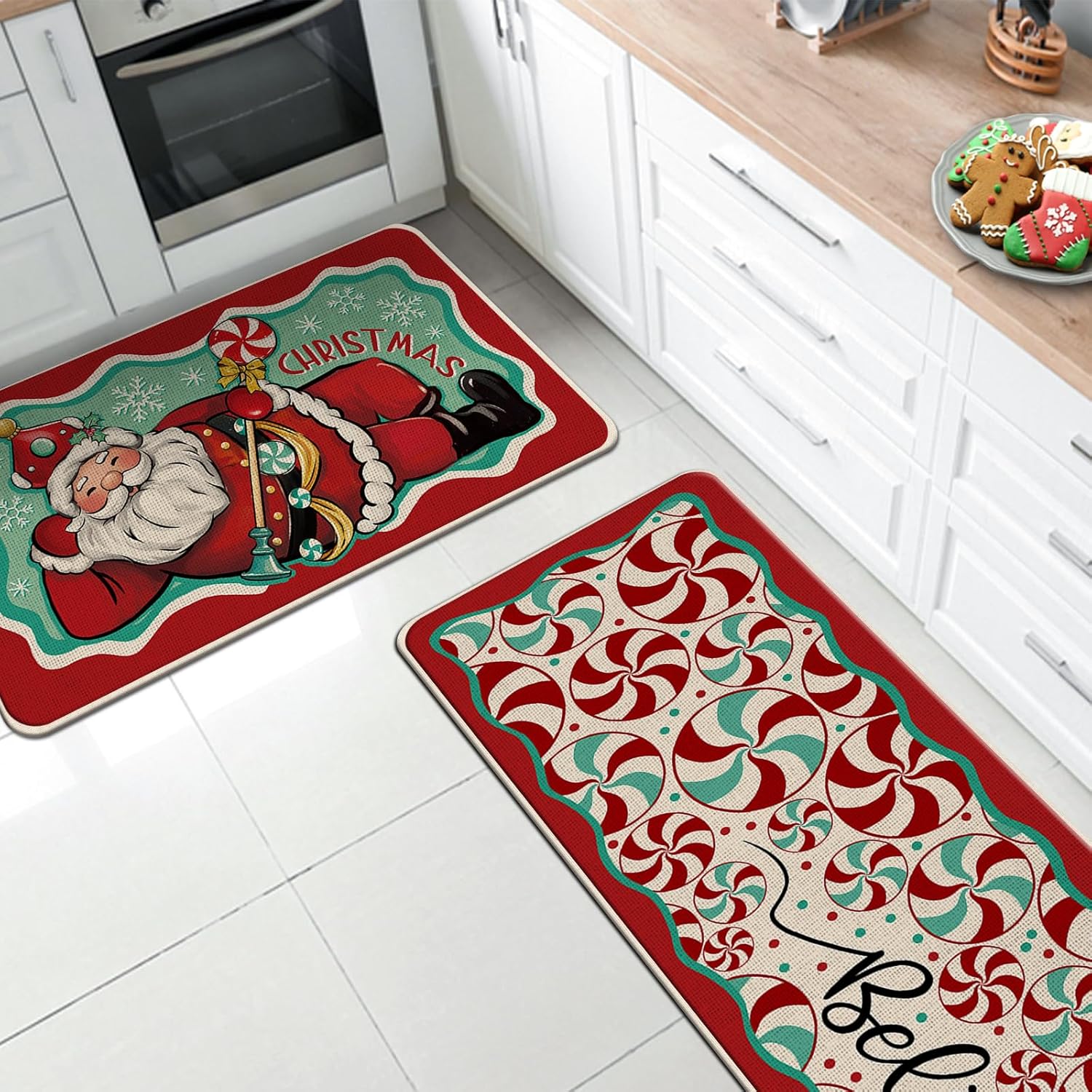 

VIKAMA 2pcs Christmas Kitchen Area Rug Durable Entrance Welcome Floor Mat for Balcony Corridor Long Rug for Home Decoration 40x60and40x120cm