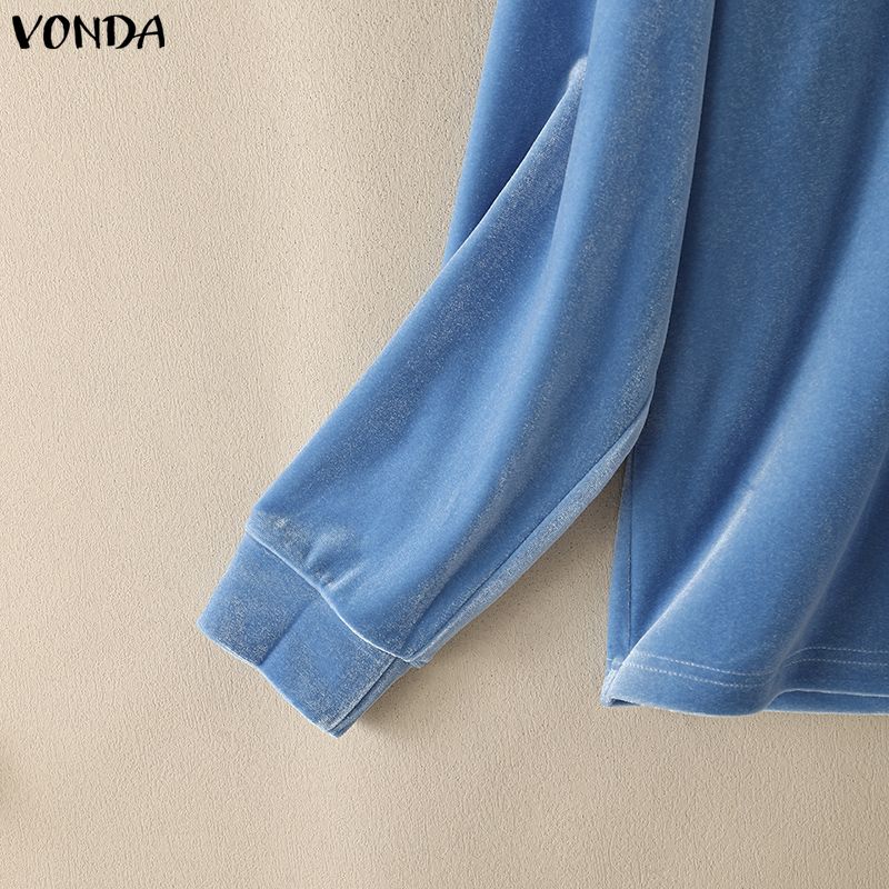 VONDA Autumn Women Casual Long Sleeve Loose Fit Velvet Henley Blouse Pullover Tops