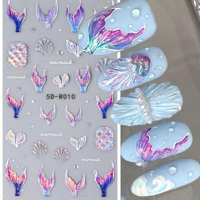 Glänzende Meerjungfrau-Nagelaufkleber, holografische Muschel, Sternfisch, 5D-Abziehbilder, Meerestier, Qualle, Nagelkunst, Schieberegler, Peeling-Sommer-Design