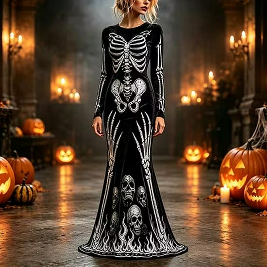2025 Halloween European & American Skull Skeleton 3D Print Bodycon Skirt