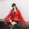 Lapel Long Sleeve Open Stitch Short Type Women Coat Shiny Sequins Tassel Stage