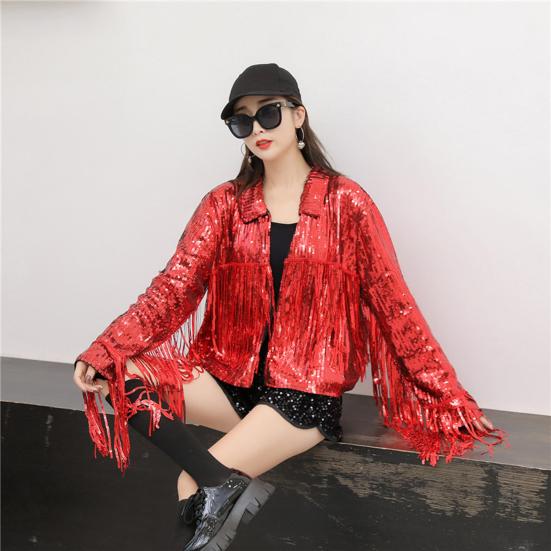 Lapel Long Sleeve Open Stitch Short Type Women Coat Shiny Sequins Tassel Stage