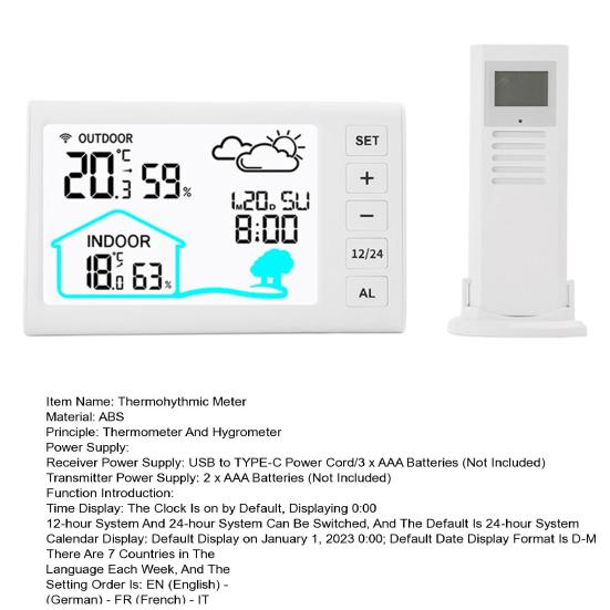 Thermohythmic Meter Wireless Weather Station with Barometer Sensor 4.4" LCD Display Indoor Outdoor Temperature Humidity Monitor