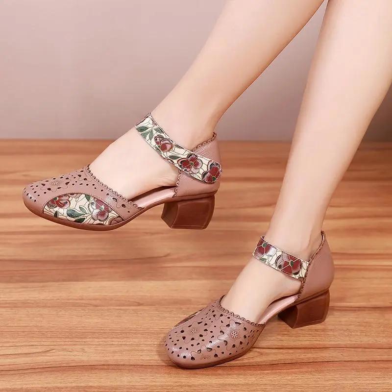 Fashion GKTINOO 2025 Summer Women's Genuine Leather Shoes Woman Retro Hollow Out Sandals Female Hook & Loop Heels Ladies Platform Sandal