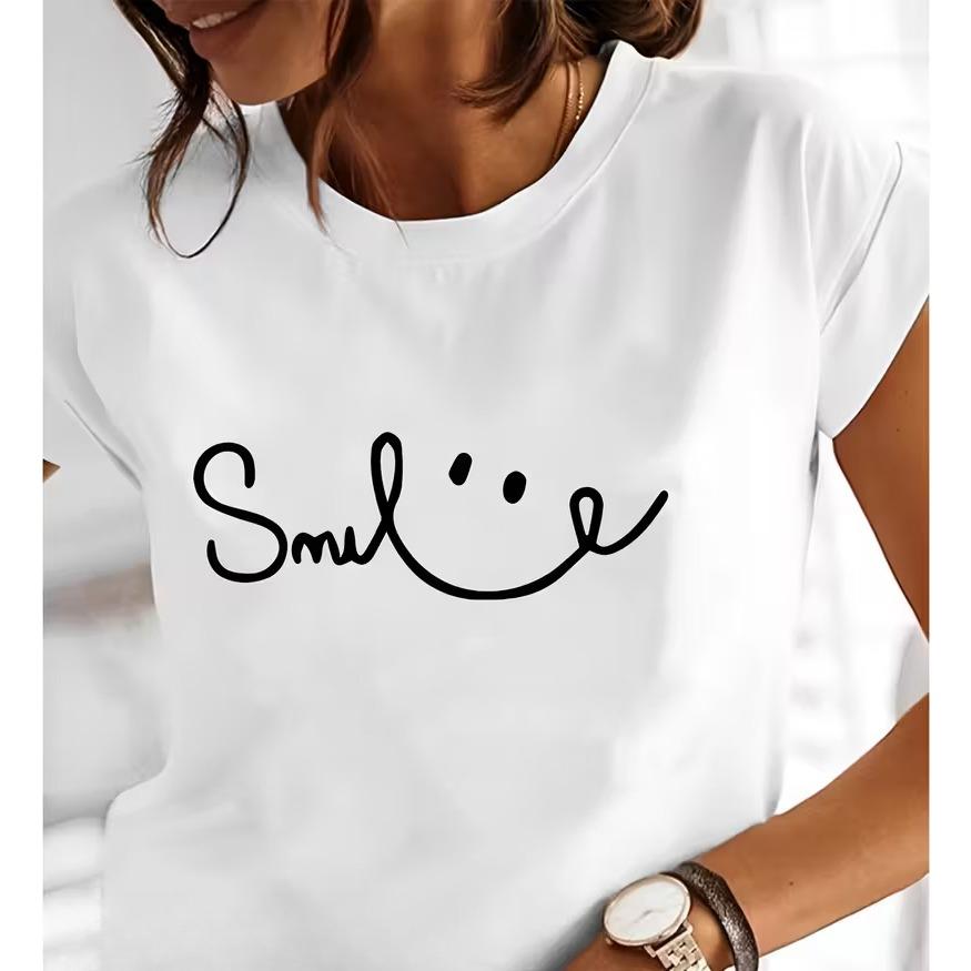 

WomenS Short Sleeve TShirt with Smile Letter Print Comfortable Breathable Fabric Perfect for Casual Attire Daily Wear S