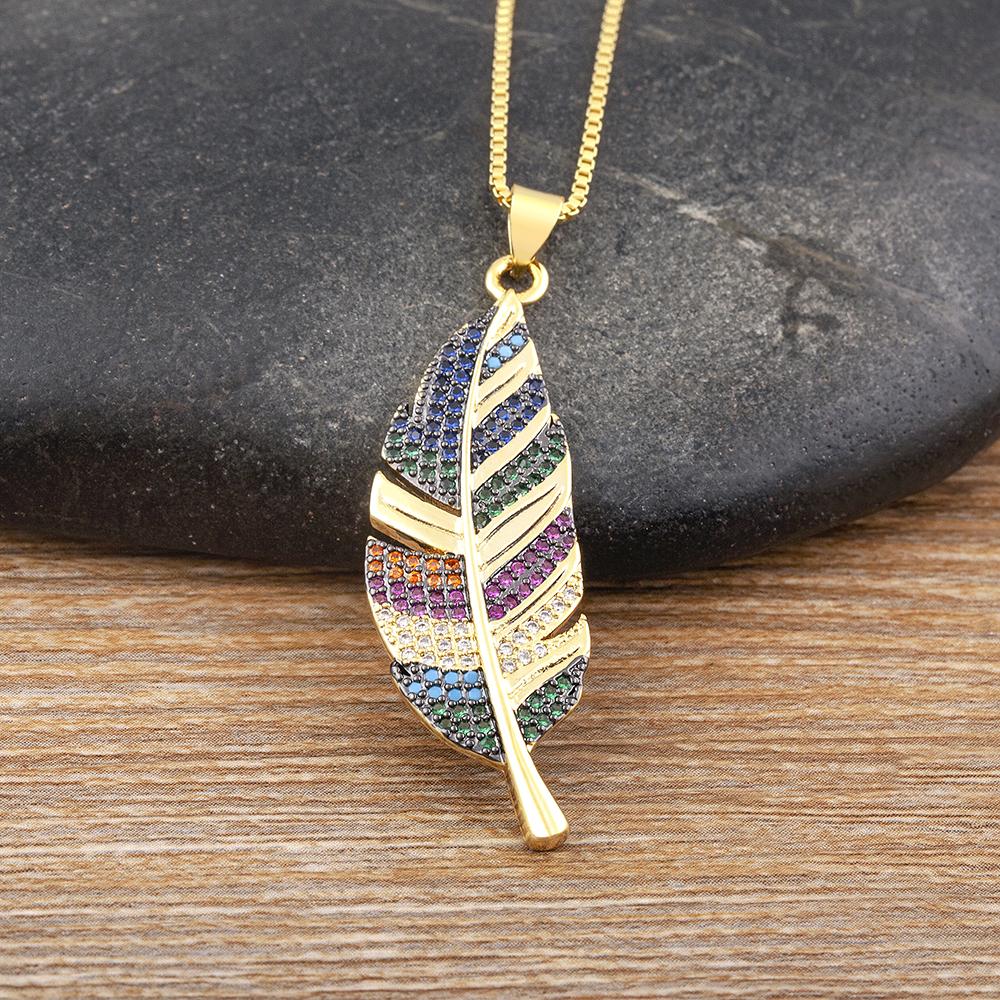 

AIBEF Vintage Plume Shape Necklace Women Multicolour Rhinestone Choker Chain Copper CZ Pendant Anniversary Jewelry Unisex Gift