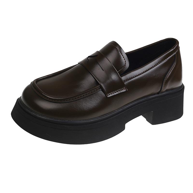 

Black platform thick heel high heel heightening small leather shoes children s British style 2024 autumn loafer single shoes 40 коричневий
