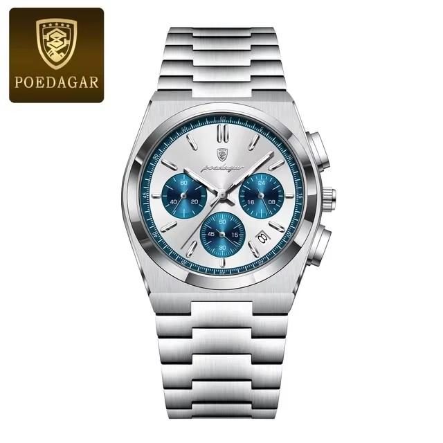 POEDAGAR 970 Fashion Date Quartz Watch Waterproof Luminous Hands Chronograph Reloj Stainless Steel Leather Business Wristwatch