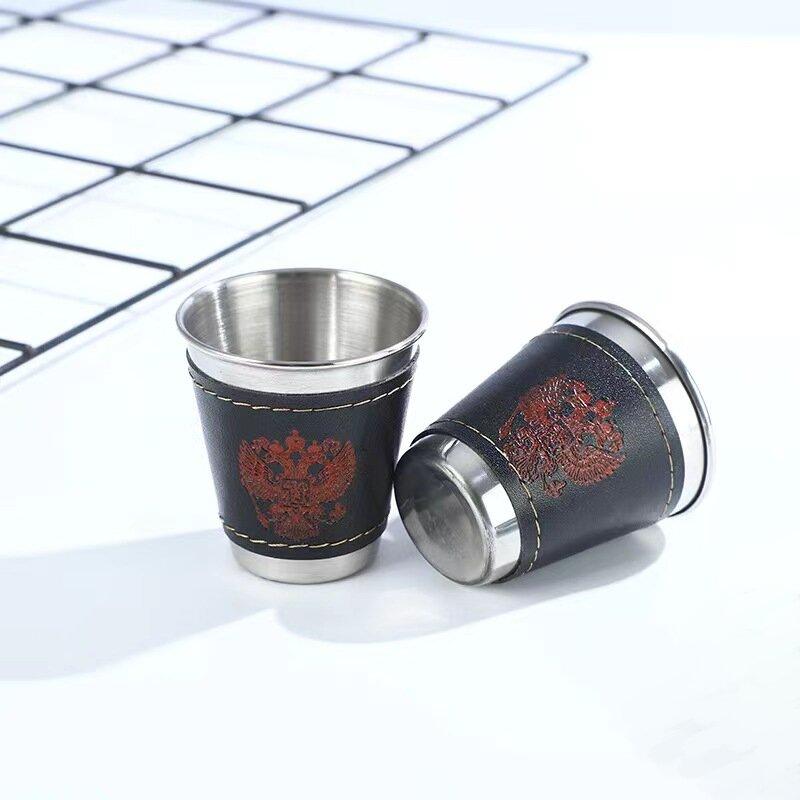 4 ks 70ml nerezových panáků s koženým pouzdrem Espresso panáky Barové potřeby Nápojová nádoba Kempování Domov Restaurace Hrneček