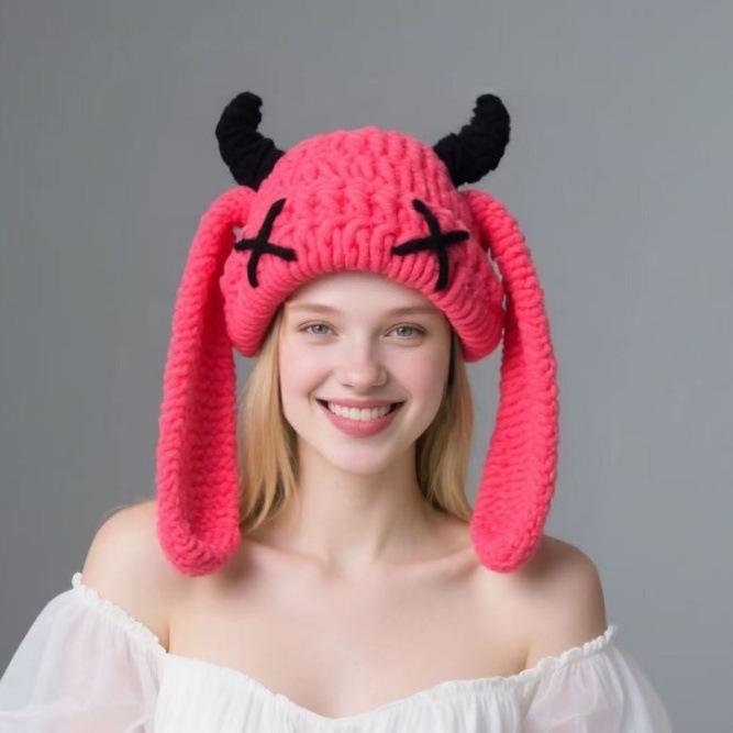 New Little Monster Handmade Knitted Wool Hat Autumn and Winter Thickened Warm Plush Hat Sweet Cool Babe Baotou