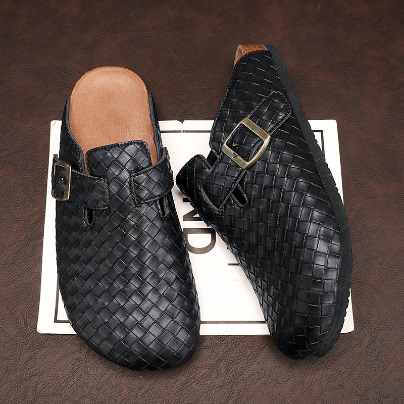 

Fashion Men Baotou Slippers Fashion Brand Cow Suede Clogs Leather Cork Footbed Men Mules Outdoor Antiskid Women Beach Sandals 36