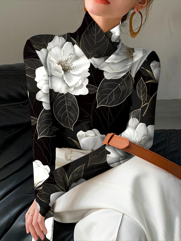 Ladies Elegant Floral Print Skinny Bottom Shirt Turtleneck Long Sleeve T-Shirt Top